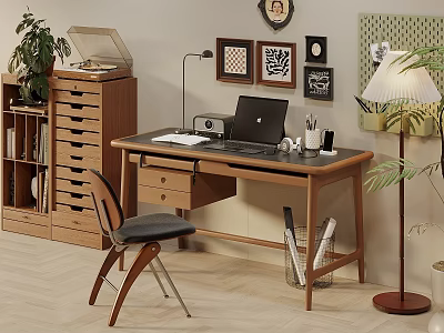Home Office Wooden Desk With Laptop Table Lamp Decorative Paintings Bookshelf And Plant 3d model
