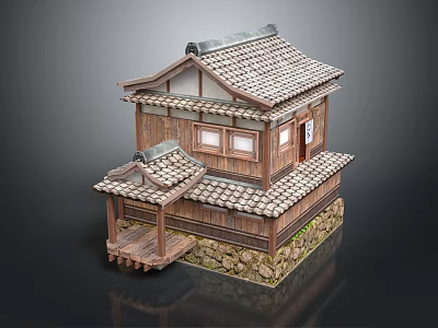 Traditional Japanese Wooden Architecture With Tile Roof Stone Base And Porch Design 3d model