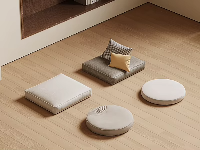 Light Colored Square Cushions And Round Ottomans In Wooden Floor Room 3d model