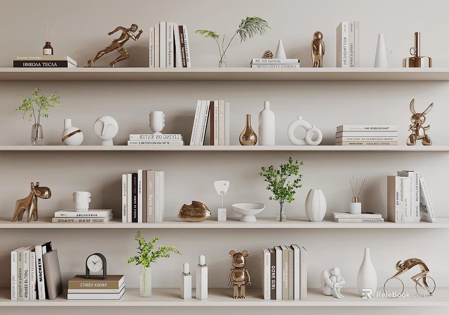Elegant Decorative Ornament Set With Books Vases Sculptures And Green Plants On Shelves 3d model 