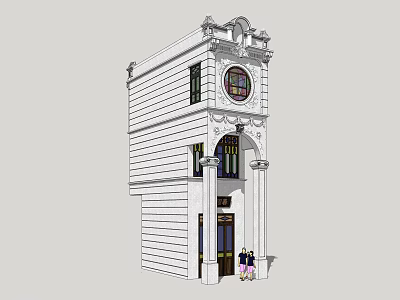 Classical Style Commercial Complex White Building With Round Clock And Arched Door 3d model