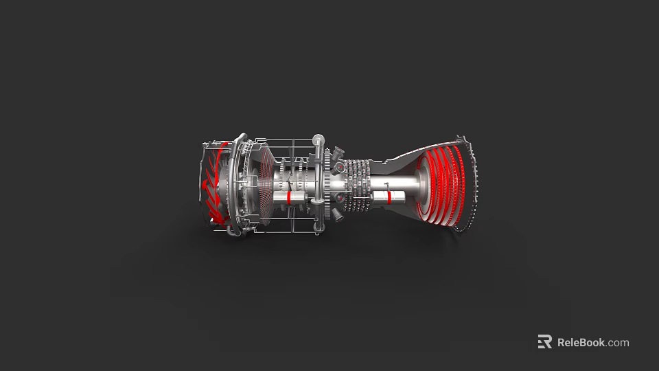 Industrial Turbine Engine Cutaway View With Red Internal Components And Metal Frame 3d model 