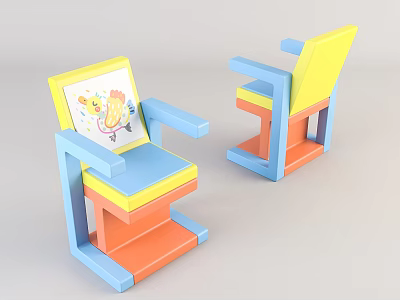 Kids Leisure Chair with Yellow Blue Orange and Armrest Layered Block Design Featuring Cartoon Pattern 3d model