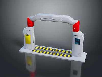 White Security Gate With Red Panels Yellow Black Warning Stripes Yellow Box And Blue Screen 3d model