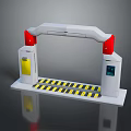 White Security Gate With Red Panels Yellow Black Warning Stripes Yellow Box And Blue Screen