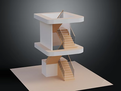 Modern Wooden Stairs In Two Story Open Structure Architectural Model With Handrail 3d model