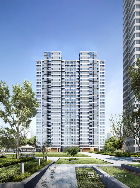 High Rise Residential Building Modern Exterior Design With Green Trees And Clear Blue Sky 3d model 