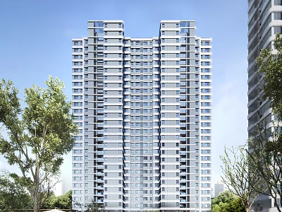 High Rise Residential Building Modern Exterior Design With Green Trees And Clear Blue Sky 3d model