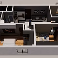 Birds Eye View of Modern Apartment Floor Plan with Living Room Bedroom Kitchen Furniture Layout