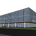 Modern School Building with Glass Curtain Wall and Open Design People Nearby and Blue Car
