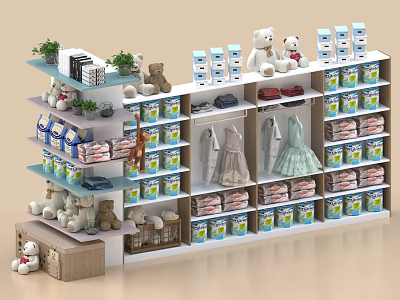 Organized Daily Living Products Shelf With Stuffed Toys Boxed Items Dresses And Green Plants 3d model