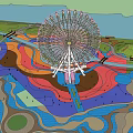 Scenic Amusement Park Ferris Wheel With Colorful Ground And Water Area