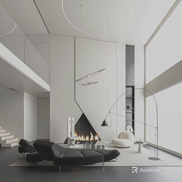 Modern Duplex Living Room Interior With High Ceiling Fireplace And Floor Lamp 3d model 