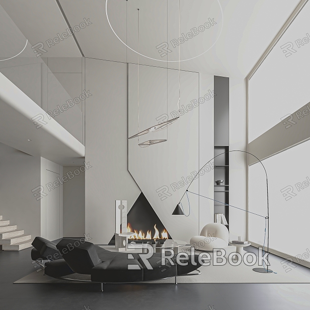 Modern Minimalist Villa Living Room Pick-up Empty Living Room Advanced Grey Living Room Black and White Grey Living Room Sofa Coffee Table Combination Fireplace model