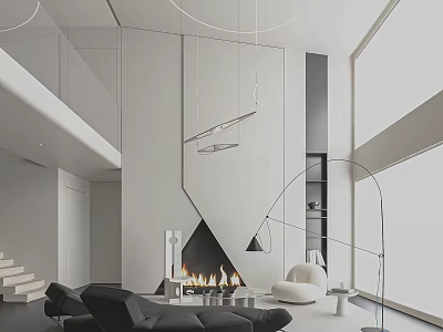 Modern Duplex Living Room Interior With High Ceiling Fireplace And Floor Lamp 3d model