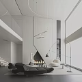 Modern Duplex Living Room Interior With High Ceiling Fireplace And Floor Lamp