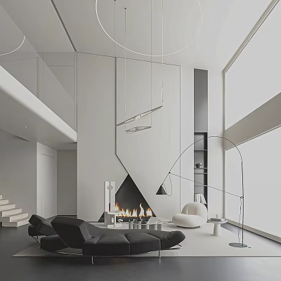 Modern Duplex Living Room Interior With High Ceiling Fireplace And Floor Lamp 3d model