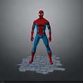 Spider Man 3D Model in Red Blue Costume Standing on Broken Stone Tiles Gray Background