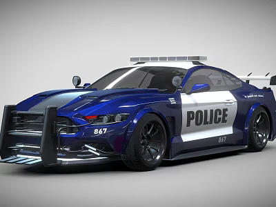 Blue Police Sports Car with Roof Lights and Front Push Bumper 3d model