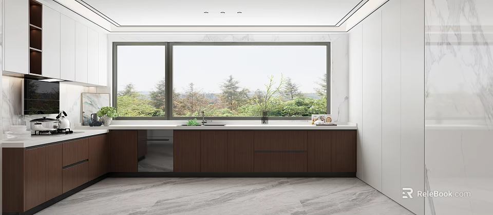 Bright Modern Kitchen Interior With Large Window Greenery View Wooden Cabinets Marble Countertop And Sink 3d model 