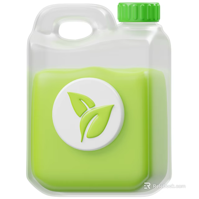 Industrial Equipment Cleaning Solution In Transparent Container With Green Liquid And Leaf Logo 3d model 