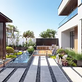 Modern Courtyard Garden With Wooden Deck Pavilion Steps Tables Chairs And Green Plants