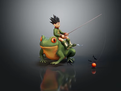 Animated Game Character Boy Riding Green Frog Holding Fishing Rod With Red Bait Grey Background 3d model