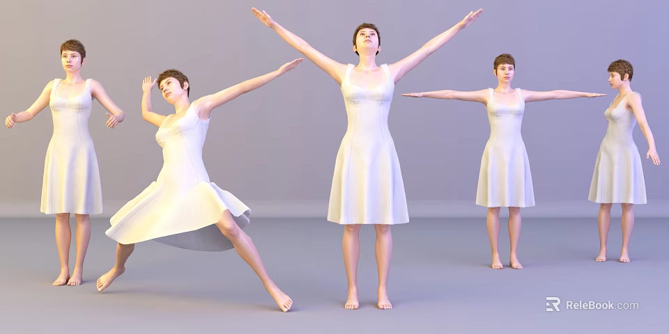 Women Wearing White Dresses Demonstrating Various Dance Poses With Extended Arms 3d model 