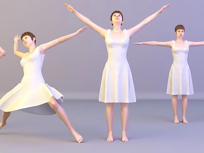 Women Wearing White Dresses Demonstrating Various Dance Poses With Extended Arms 3d model