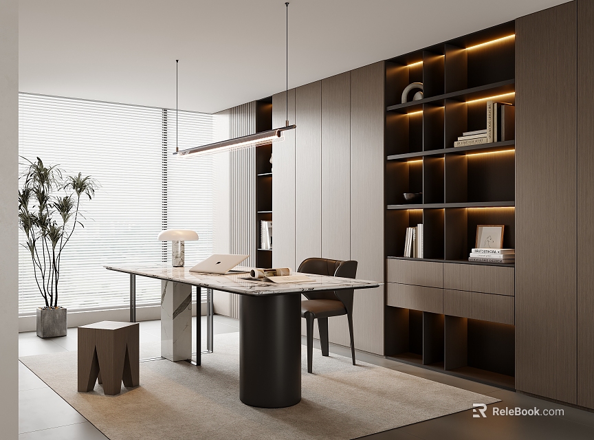 Modern Home Office Interior Design With Long Desk Chair Bookshelves And Pendant Lights 3d model 