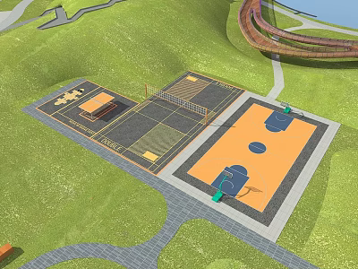 Outdoor Multi Sport Area With Basketball Volleyball Courts Green Grass And Pathways 3d model