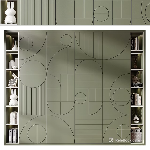Modern Green Decorative Cabinet With Geometric Lines Circular Patterns And Side Shelves 3d model 