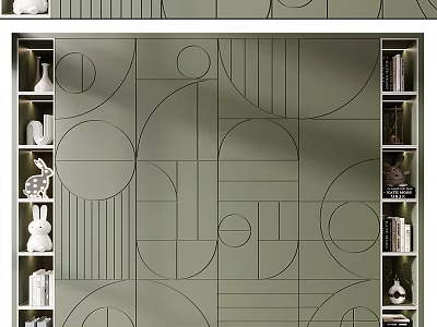 Modern Green Decorative Cabinet With Geometric Lines Circular Patterns And Side Shelves 3d model