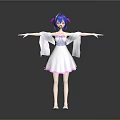 Anime Style Game Movie Character With Blue Hair White Dress Pink Trim And Arms Outstretched