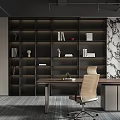 Modern Home Office Interior With Long Wooden Desk Ergonomic Chair And Window Blinds
