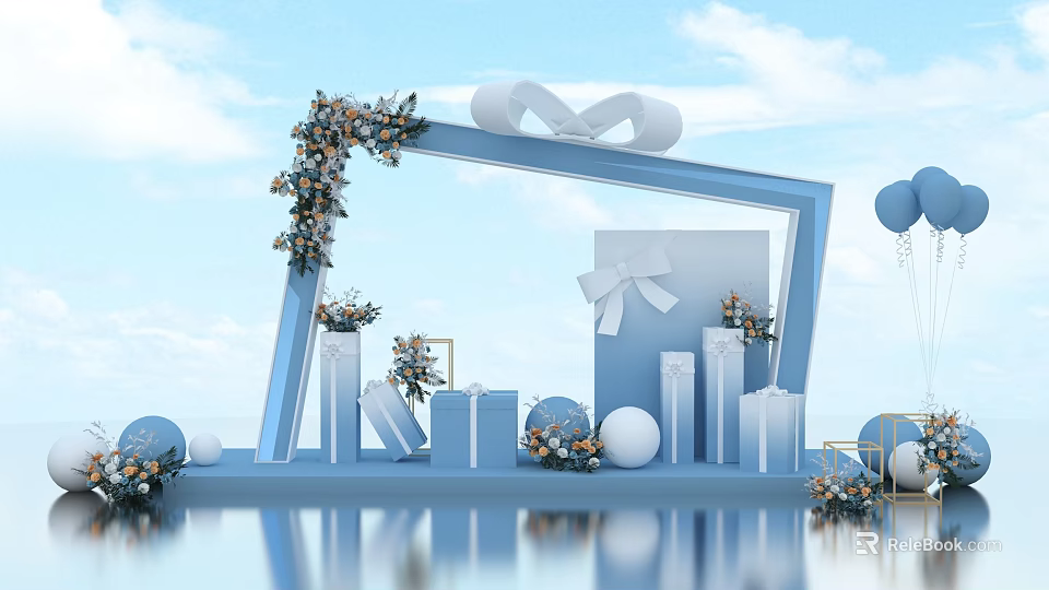 Blue Arch With Floral Decor Gift Boxes Balloons And Bow For Event Setup 3d model