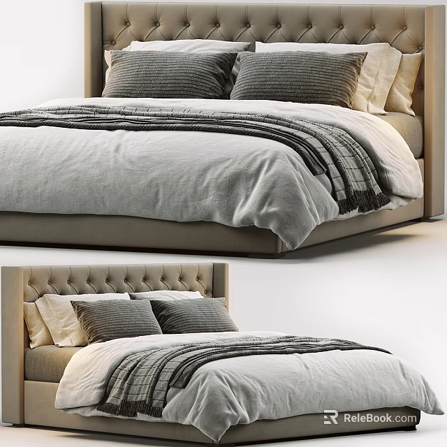 Modern Double Bed with Tufted Headboard Gray Bedding and Striped Blanket 3d model