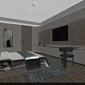 Modern Minimalist Hotel Guest Room with Comfortable Bed TV Desk and Decorative Rug