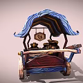 Mythical Style Wooden Mobile Cart With Blue Decorations Ornate Roof And Metal Canisters