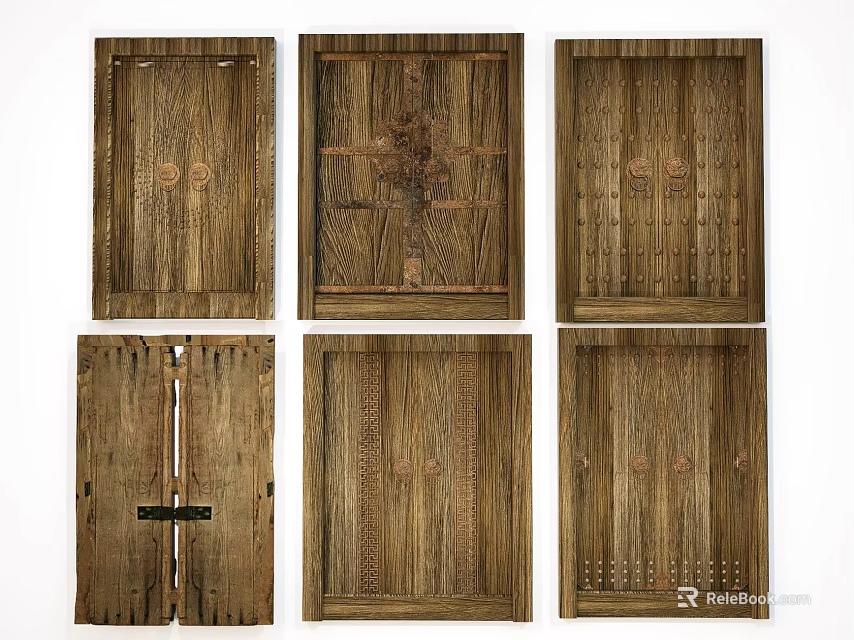 Garden Landscape Vintage Wooden Door Panels with Intricate Carvings and Patterns 3d model 