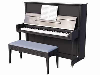 Black Upright Piano With Sheet Music And Blue Cushioned Bench For Music Practice 3d model