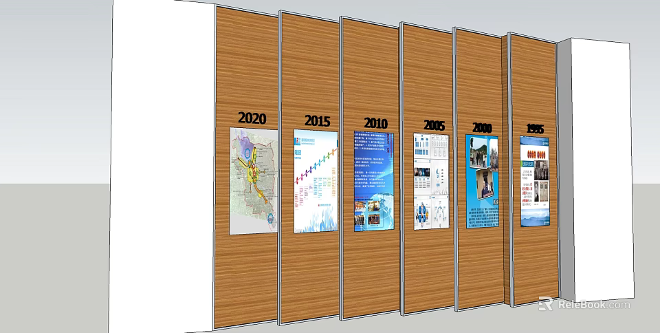 Wooden Display Shelves With Yearly Posters And Information Charts From 1995 To 2020 3d model 