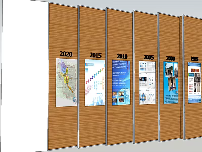 Wooden Display Shelves With Yearly Posters And Information Charts From 1995 To 2020 3d model