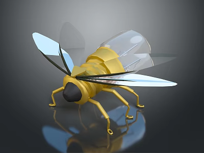 Yellow Bee 3D Model With Transparent Wings And Reflection On Dark Surface 3d model
