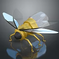 Yellow Bee 3D Model With Transparent Wings And Reflection On Dark Surface