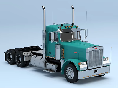 Turquoise Heavy Duty Functional Truck With Dual Exhaust Stacks And Front Grille Cab 3d model