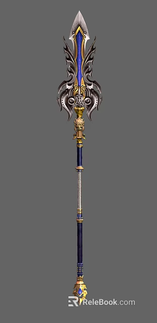 Mythical Ornate Polearm Weapon With Golden Blue Handle And Carved Dragon Head 3d model 