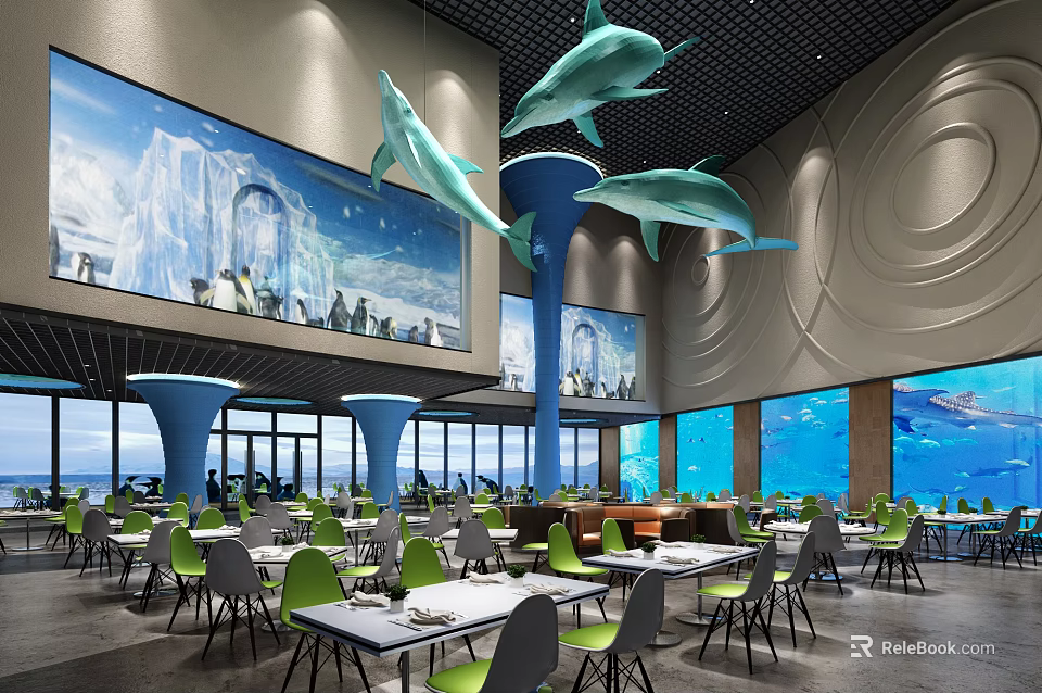 Modern Ocean Themed Restaurant Featuring Hanging Dolphin Decor Green Seats And Blue Columns 3d model 