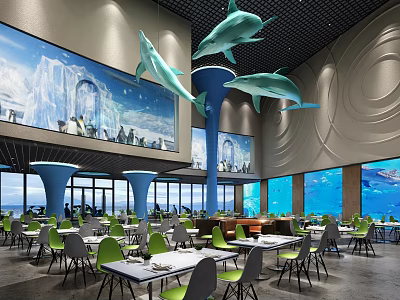 Modern Ocean Themed Restaurant Featuring Hanging Dolphin Decor Green Seats And Blue Columns 3d model