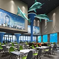 Modern Ocean Themed Restaurant Featuring Hanging Dolphin Decor Green Seats And Blue Columns
